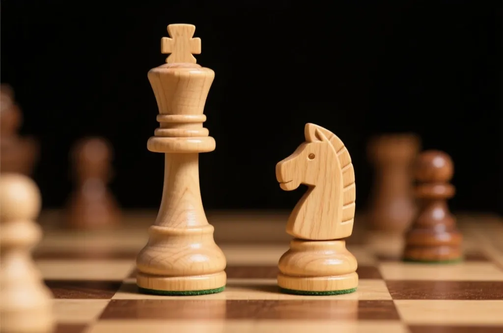 木质国际象棋棋子在棋盘上聚焦展示策略规划